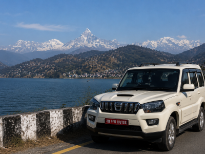 Private vehicle travelling from Kathmandu to Pokhara through the hills of Nepal