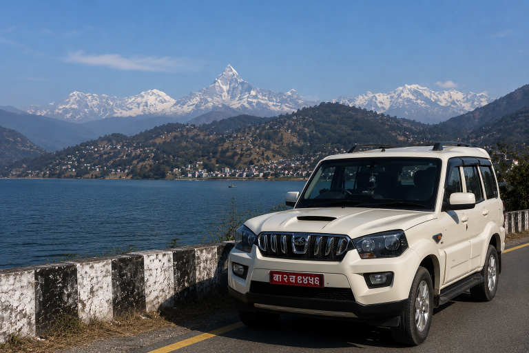 Private vehicle travelling from Kathmandu to Pokhara through the hills of Nepal