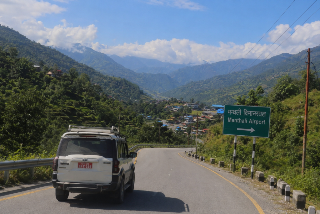 The scenic drive from Kathmandu to Manthali Airport takes travelers through winding mountain roads, lush hillsides, and traditional villages before reaching the gateway to Lukla flights.
