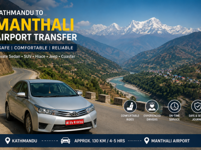 Private car driving on the Kathmandu to Manthali Airport route through Nepal's scenic mountain roads with Himalayan views.